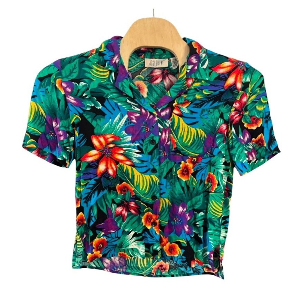 Josephine Vintage Tropical Floral Rayon Button Front Blouse Short Sleeve Medium